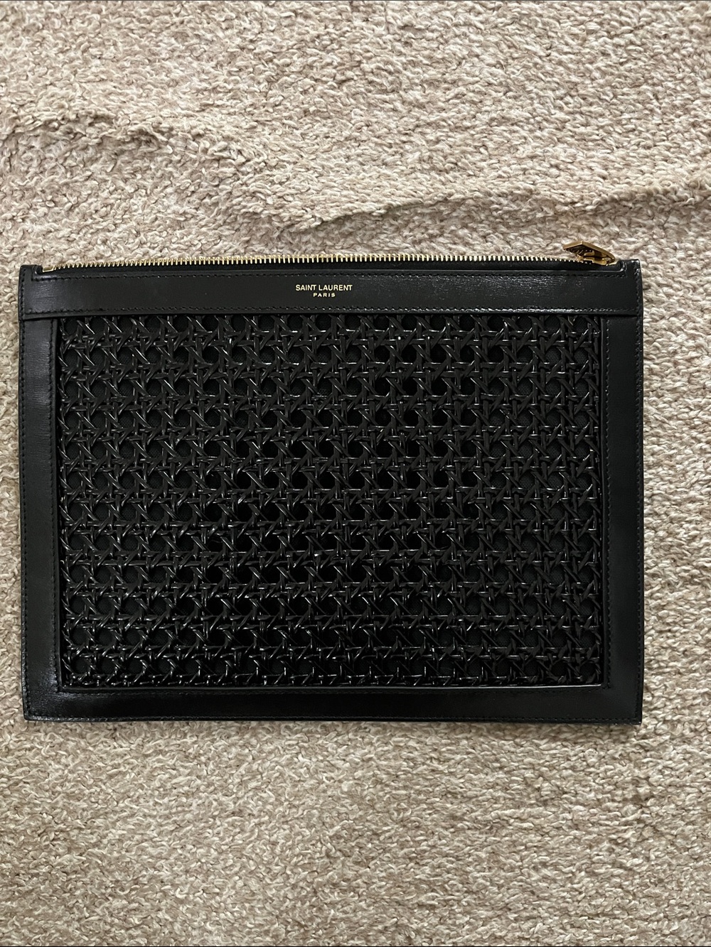 Saint Laurent Black Woven Leather Clutch with Gold Hardware
